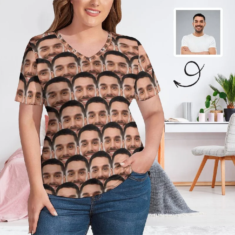 Custom Face Seamless Boyfriend Plus Size V Neck T-shirt for Her Design Your Own Shirt Gift Boxy Fit Fitted Loose Custom Face Seamless Boyfriend Plus Size V Neck T-shirt for Her Design Your Own Shirt Gift Boxy Fit Fitted Loose