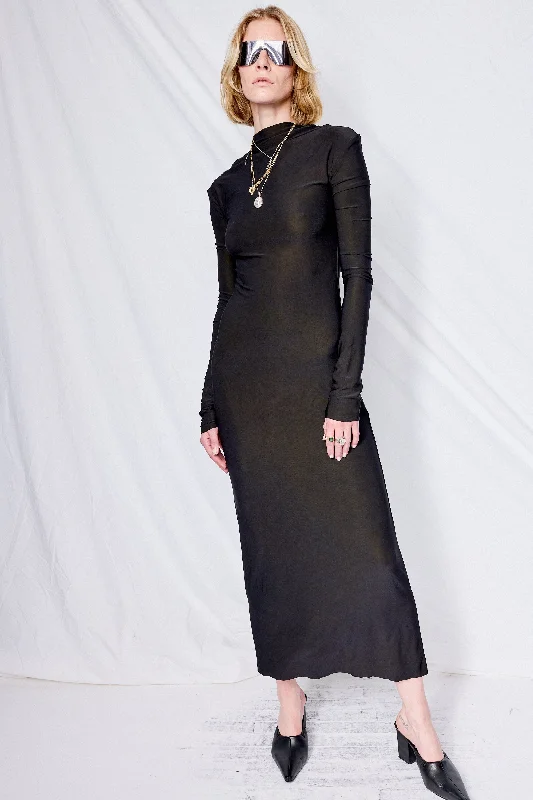 Black Overdyed Jersey Long Sleeve Maxi Dress