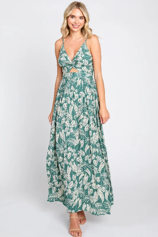 Green Palm Print Front Twist Maxi Dress