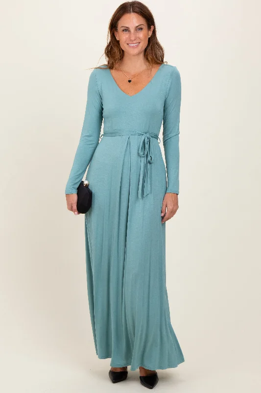 Light Olive V-Neck Long Sleeve Sash Tie Maxi Dress