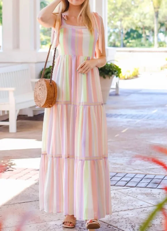 Pastel Color Mix Shoulder Strap Maxi Dress in Ivory Peach Purple