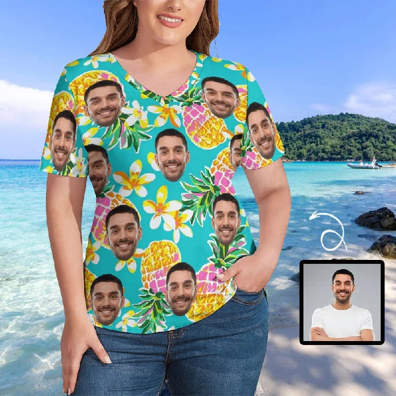 #Plus Size T-shirt-Custom Face Pineapple Plus Size V Neck T-shirt for Her Print Your Own Face on Shirt for Vacation Front Pockets Side Pockets Patch Pockets #Plus Size T-shirt-Custom Face Pineapple Plus Size V Neck T-shirt for Her Print Your Own Face on Shirt for Vacation Front Pockets Side Pockets Patch Pockets