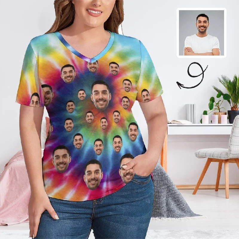 #Plus Size T-shirt-Custom Face Tie Dye Plus Size V Neck T-shirt for Her Print Your Own Face on Shirt Chenille Brocade Lace #Plus Size T-shirt-Custom Face Tie Dye Plus Size V Neck T-shirt for Her Print Your Own Face on Shirt Chenille Brocade Lace
