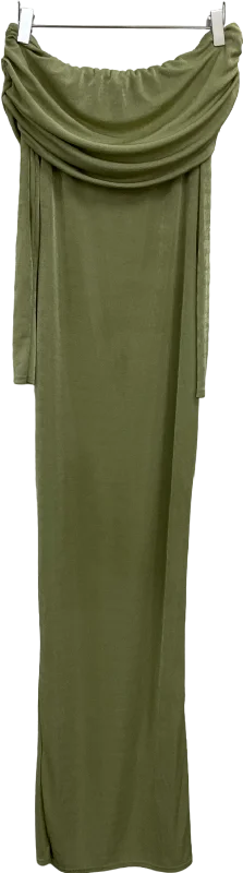 PrettyLittleThing Sage Green Acetate Slinky Bardot Long Sleeve Maxi Dress UK 10