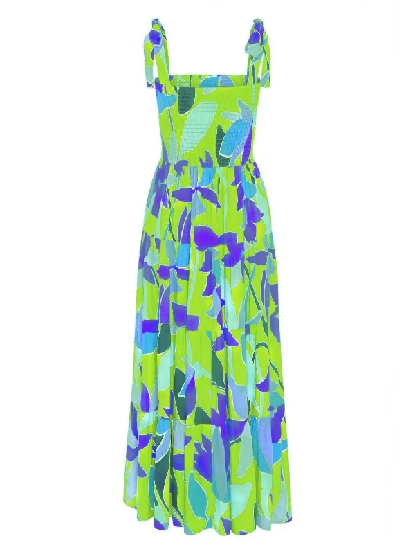 Printed Smocked Maxi Dress In Green