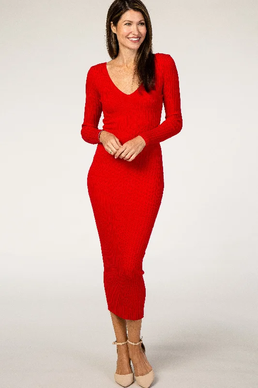 Red V-Neck Long Sleeve Fitted Maxi Dress