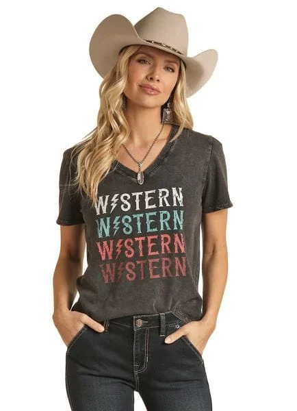 Rock & Roll Cowgirl Women's Black Western Graphic V-Neck T-Shirt RRWT21R0CT Polka Dot Checkered Tartan Rock & Roll Cowgirl Women's Black Western Graphic V-Neck T-Shirt RRWT21R0CT Polka Dot Checkered Tartan