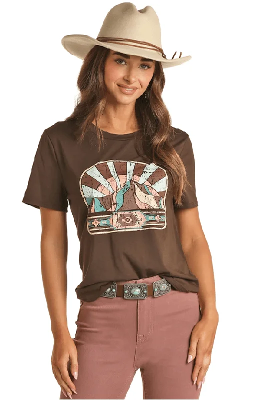 Rock & Roll Cowgirl Women's Brown Mountain Scene Short Sleeve T-Shirt RRWT21R04Y Fleece Nylon Spandex Rock & Roll Cowgirl Women's Brown Mountain Scene Short Sleeve T-Shirt RRWT21R04Y Fleece Nylon Spandex