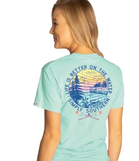 Simply Southern Women's Celedon Blue "Better on the Water" SS Tee Spandex Blend Rayon Blend Denim Blend Simply Southern Women's Celedon Blue "Better on the Water" SS Tee Spandex Blend Rayon Blend Denim Blend