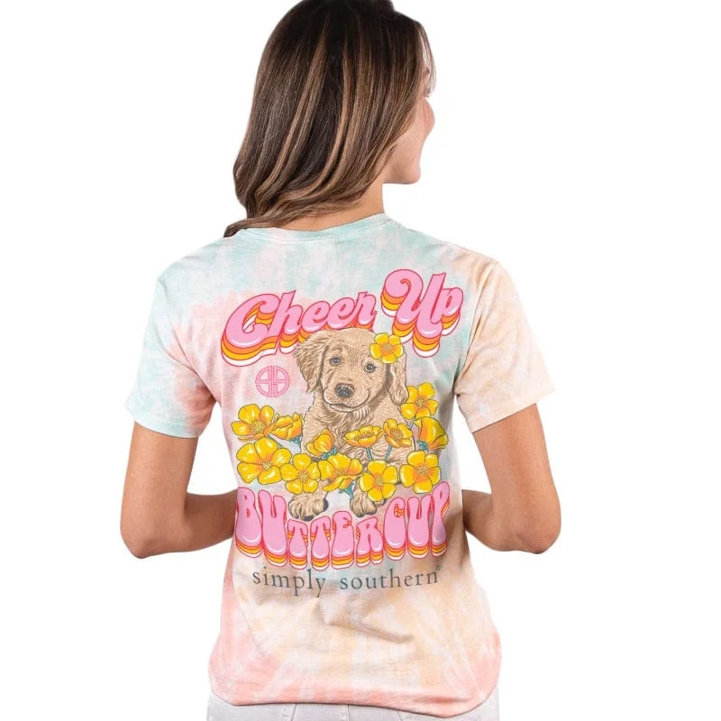 Simply Southern Women's "Cheer Up Buttercup" Tie Dye SS Tee Jersey Fabric Tulle Fabric Batik Fabric Simply Southern Women's "Cheer Up Buttercup" Tie Dye SS Tee Jersey Fabric Tulle Fabric Batik Fabric