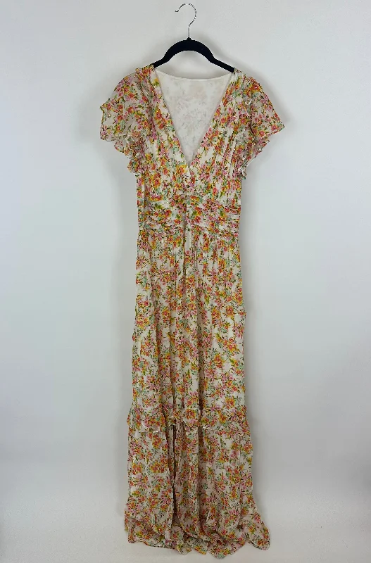 White & Multicolor Watercolor Floral Maxi Dress - Size 4/6