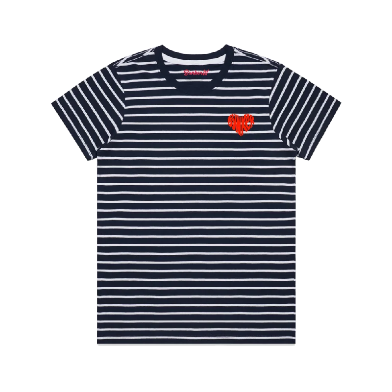 Bunker Woman Flock Heart Stripe Tee - Navy and White