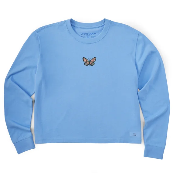 Women's Clean Butterfly Long-Sleeve Boxy Crusher Tee - Cornflower Blue