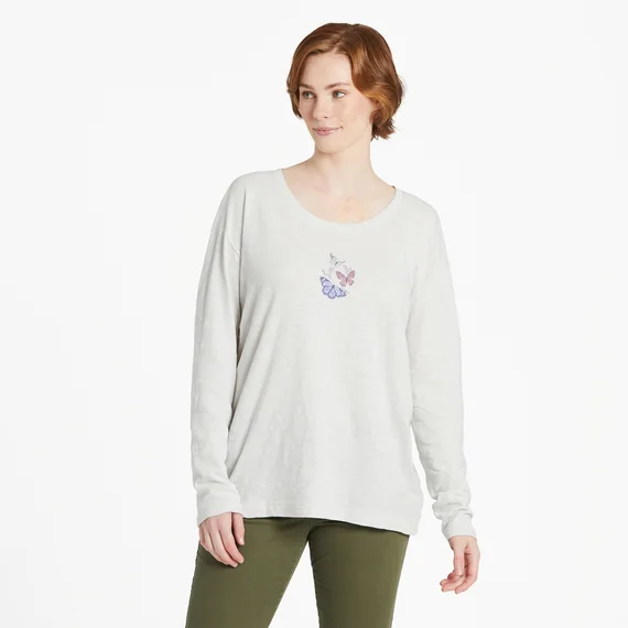 Women's Wildflower and Butterflies Relaxed Fit Long-Sleeve Slub Tee - Fog Gray