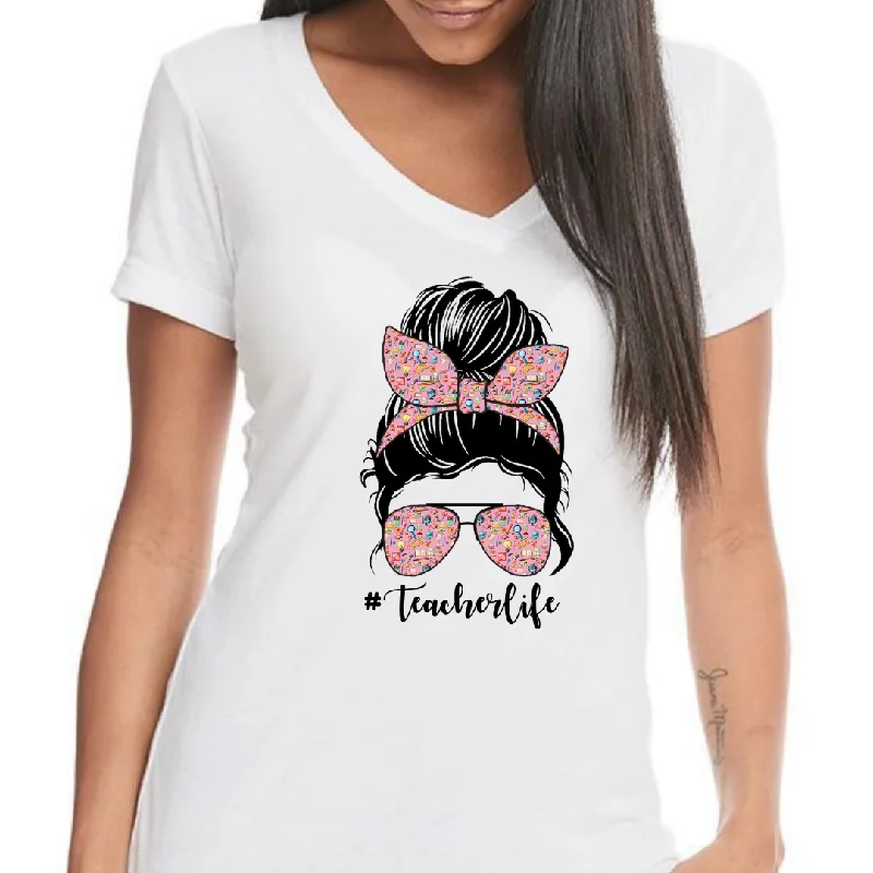 Messy Bun #TeacherLife Women's Ideal V-Neck Tee