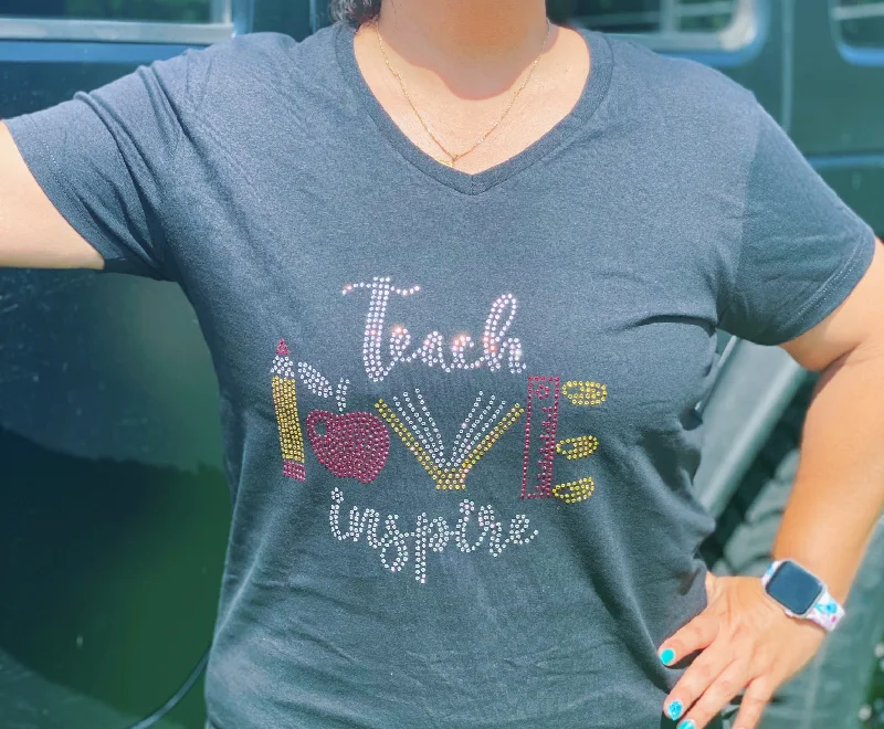 Teach Love Inspire Rhinestone Design Women's Ideal V-Neck Tee