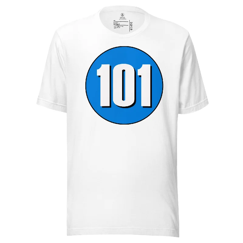 Unisex t-shirt: White on Blue 101