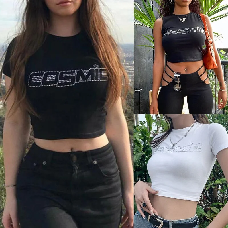 Women Summer Short Sleeve/Sleeveless Top Hot Drill Rhinestone Cosmic Letters T-Shirts Navel Club Party Streetwear