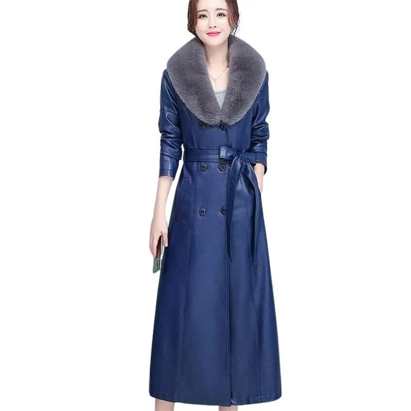 BELLA Design Women's Fine Fashion Long Luxury Designer Leather Navy Blue Plush Fur Coat Jacket Cardigan Sweater Pullover BELLA Design Women's Fine Fashion Long Luxury Designer Leather Navy Blue Plush Fur Coat Jacket Cardigan Sweater Pullover
