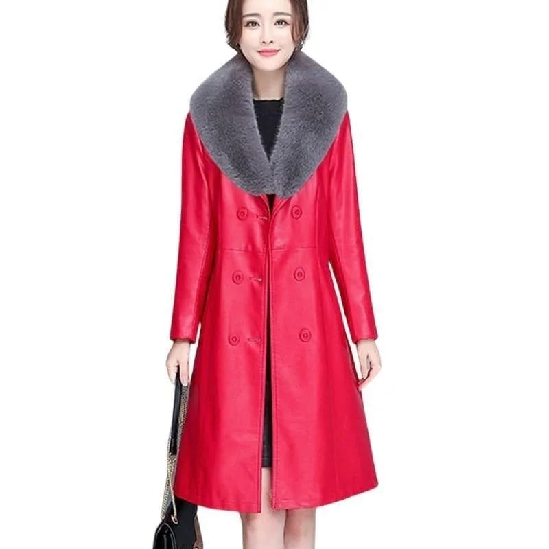 BELLA Design Women's Fine Fashion Luxury Designer Leather Red Plush Fur Coat Jacket Trench Coat Raincoat Waterproof Jacket BELLA Design Women's Fine Fashion Luxury Designer Leather Red Plush Fur Coat Jacket Trench Coat Raincoat Waterproof Jacket