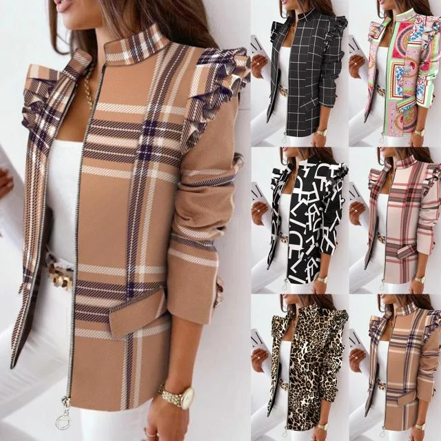 Check Leopard Print Zip Ruffle Shoulder Jacket Plaid Jacket Tartan Jacket Houndstooth Jacket Check Leopard Print Zip Ruffle Shoulder Jacket Plaid Jacket Tartan Jacket Houndstooth Jacket
