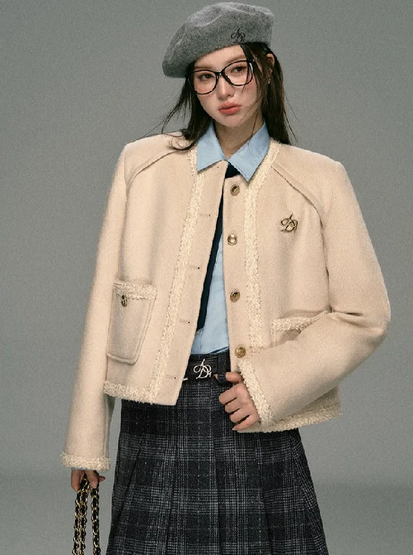 Classic Tweed Cropped Jacket: Beige Button-Front Blazer with Frayed Edges and Gold Logo Pin A-Line Jacket Boat Neck Shawl Collar Classic Tweed Cropped Jacket: Beige Button-Front Blazer with Frayed Edges and Gold Logo Pin A-Line Jacket Boat Neck Shawl Collar