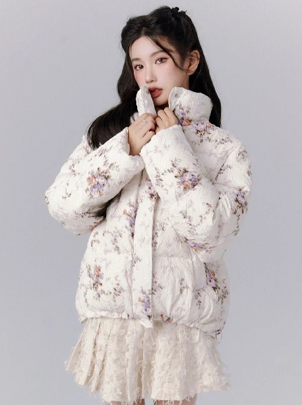 Ethereal Bloom Winter Set: Floral Puffer Jacket and Pleated Lace Skirt Trench Coat Raincoat Waterproof Jacket Ethereal Bloom Winter Set: Floral Puffer Jacket and Pleated Lace Skirt Trench Coat Raincoat Waterproof Jacket