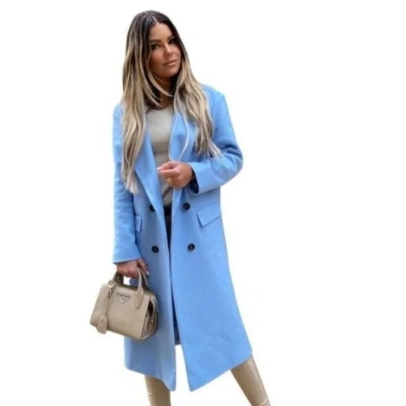 GLORIA Design Women's Fine Fashion Elegant Design Sky Blue Long Wool Coat Jacket Lace Jacket Ribbed Jacket Sequined Jacket GLORIA Design Women's Fine Fashion Elegant Design Sky Blue Long Wool Coat Jacket Lace Jacket Ribbed Jacket Sequined Jacket