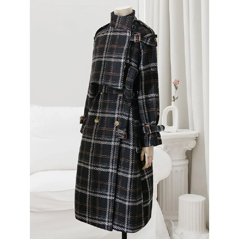 LAUTARO Women's Fine Fashion Elegant Luxury Black Plaid Style Long Wool Coat Jacket Satin Fabric Silk Fabric Chiffon Fabric LAUTARO Women's Fine Fashion Elegant Luxury Black Plaid Style Long Wool Coat Jacket Satin Fabric Silk Fabric Chiffon Fabric
