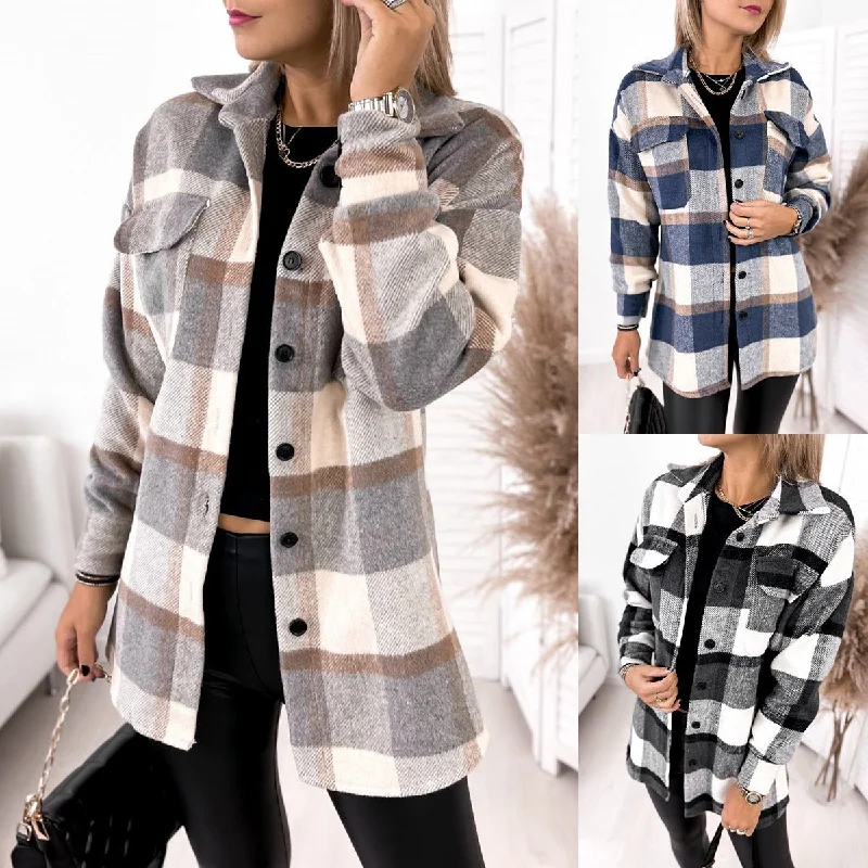 Long-sleeved Single-breasted Plaid Print Shirt Collar Woolen Jacket Notch Collar Peter Pan Collar Cowl Neck Long-sleeved Single-breasted Plaid Print Shirt Collar Woolen Jacket Notch Collar Peter Pan Collar Cowl Neck