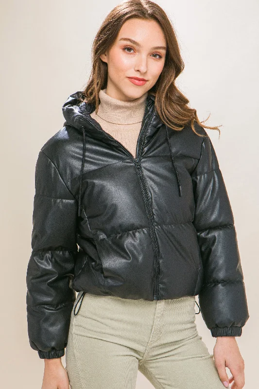 Pu Faux Leather Zipper Hooded Puffer Jacket Front Pockets Side Pockets Patch Pockets Pu Faux Leather Zipper Hooded Puffer Jacket Front Pockets Side Pockets Patch Pockets