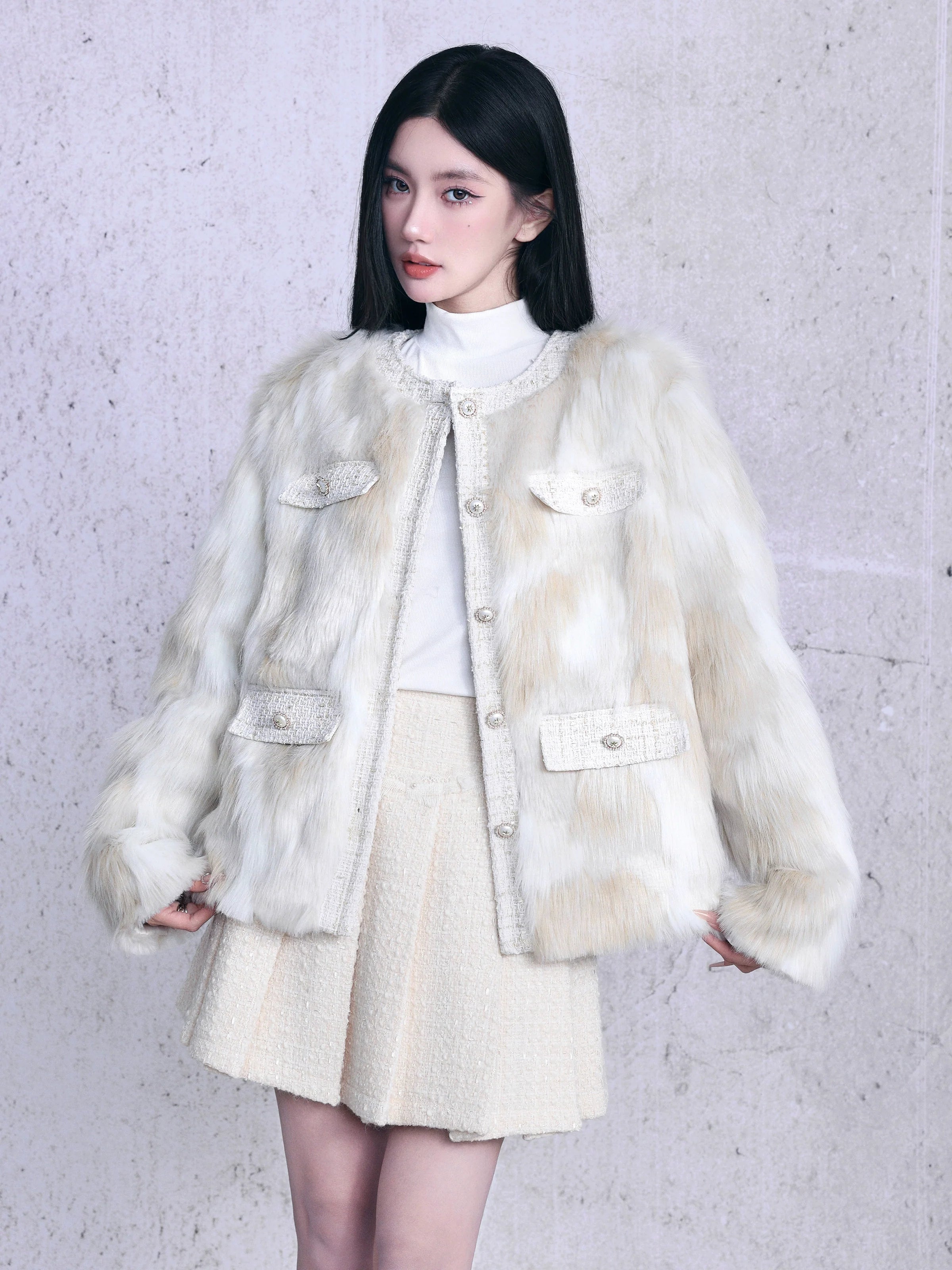 Luxe Faux Fur Collarless Jacket with Multi-Pocket Detail - Winter White Striped Jacket Polka Dot Jacket Floral Jacket Luxe Faux Fur Collarless Jacket with Multi-Pocket Detail - Winter White Striped Jacket Polka Dot Jacket Floral Jacket