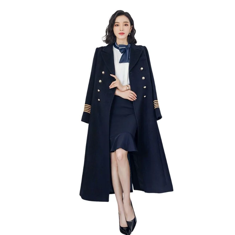 MARISSA Design Women's Fine Fashion Elegant Navy Blue Long Luxury Military Style Wool Coat Jacket Zippered Front Buttoned Front Snap Front MARISSA Design Women's Fine Fashion Elegant Navy Blue Long Luxury Military Style Wool Coat Jacket Zippered Front Buttoned Front Snap Front
