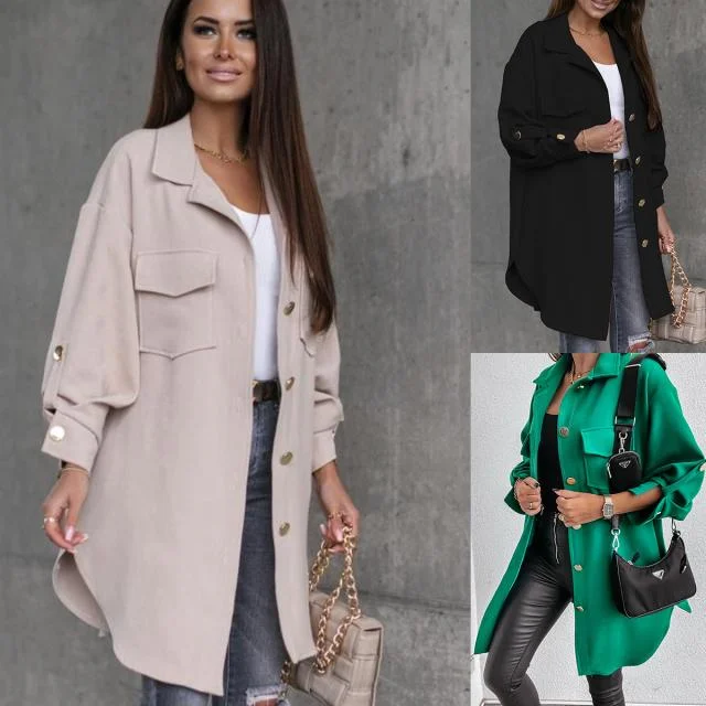 Mid-Length Shirt Jacket With Sleeve-Pull Button Decoration Tiered Jacket Buttoned Jacket Zippered Jacket Mid-Length Shirt Jacket With Sleeve-Pull Button Decoration Tiered Jacket Buttoned Jacket Zippered Jacket