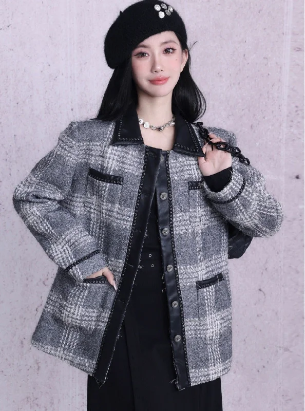 Monochrome Plaid Wool-Blend Jacket: Contrast Collar Button-Front Coat with Multiple Pockets Cotton Fabric Linen Fabric Terry Fabric Monochrome Plaid Wool-Blend Jacket: Contrast Collar Button-Front Coat with Multiple Pockets Cotton Fabric Linen Fabric Terry Fabric
