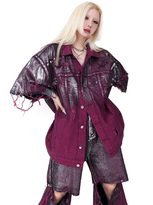 PINKSPINK Distressed Denim Jacket - Metallic Purple Chenille Jacket Brocade Jacket Lace Jacket PINKSPINK Distressed Denim Jacket - Metallic Purple Chenille Jacket Brocade Jacket Lace Jacket