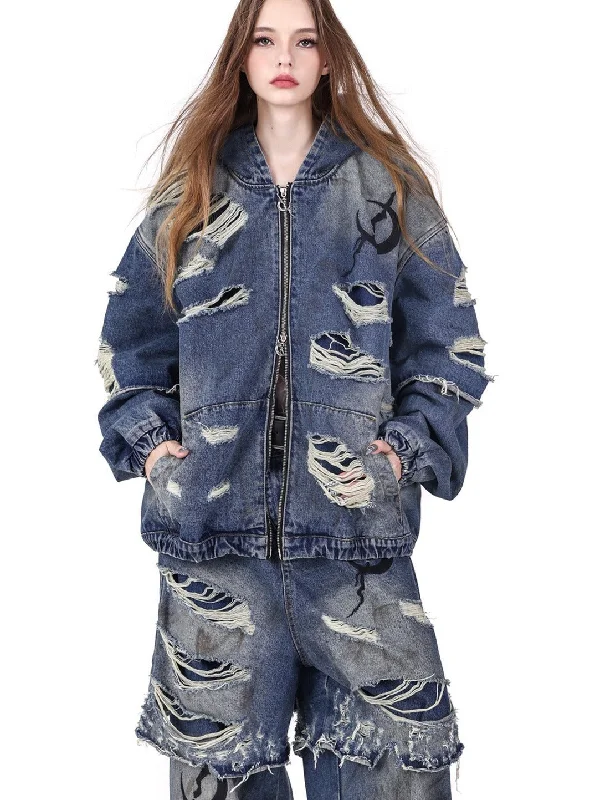 PINKSPINK Distressed Denim Layered Hoodie Jacket - Blue Striped Jacket Polka Dot Jacket Floral Jacket PINKSPINK Distressed Denim Layered Hoodie Jacket - Blue Striped Jacket Polka Dot Jacket Floral Jacket