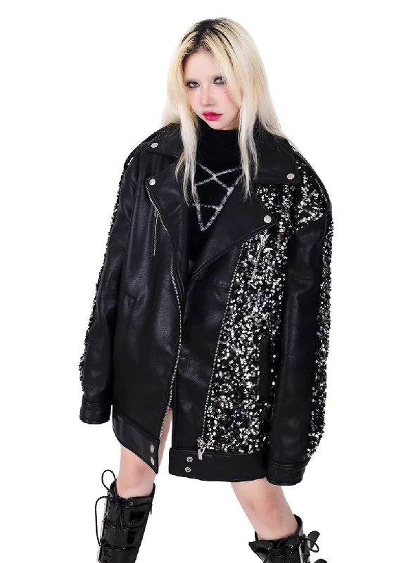 PINKSPINK Glitter Punk Leather Jacket - Black and Silver Jersey Jacket Tulle Jacket Batik Jacket PINKSPINK Glitter Punk Leather Jacket - Black and Silver Jersey Jacket Tulle Jacket Batik Jacket