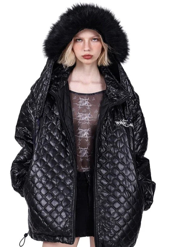 PINKSPINK Quilted Fur-Trimmed Puffer Jacket - Green and Black Satin Fabric Silk Fabric Chiffon Fabric PINKSPINK Quilted Fur-Trimmed Puffer Jacket - Green and Black Satin Fabric Silk Fabric Chiffon Fabric