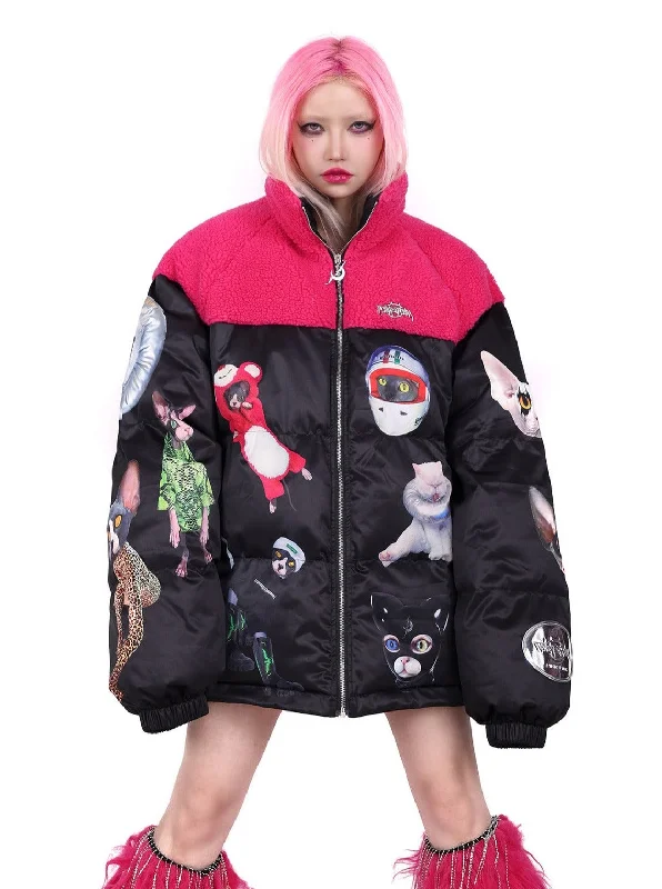 PINKSPINK Quirky Animal Collage Puffer Jacket - Black and Hot Pink Fleece Jacket Down Jacket Parka PINKSPINK Quirky Animal Collage Puffer Jacket - Black and Hot Pink Fleece Jacket Down Jacket Parka