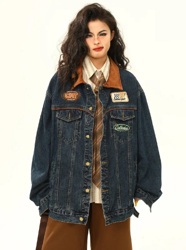 Racing Patch Denim Jacket with Corduroy Collar Notch Collar Jacket Peter Pan Collar Jacket Cowl Neck Jacket Racing Patch Denim Jacket with Corduroy Collar Notch Collar Jacket Peter Pan Collar Jacket Cowl Neck Jacket