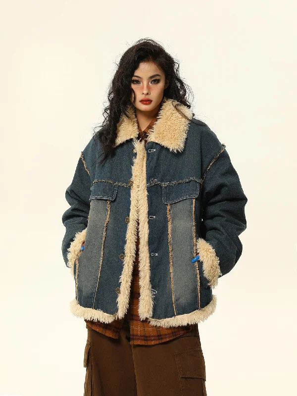 Sherpa-Lined Distressed Denim Ranch Jacket Front Pockets Side Pockets Patch Pockets Sherpa-Lined Distressed Denim Ranch Jacket Front Pockets Side Pockets Patch Pockets