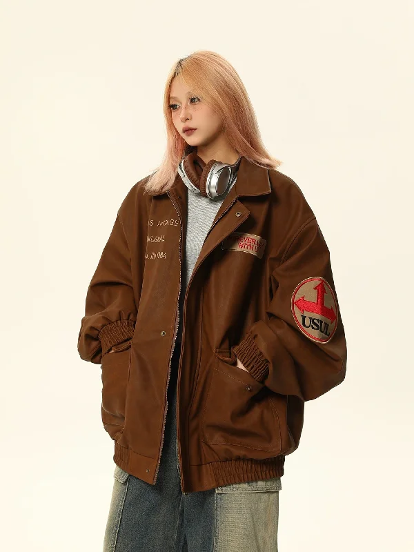Vintage-Style Brown PU Leather Jacket Print Jacket Jacquard Jacket Patchwork Jacket Vintage-Style Brown PU Leather Jacket Print Jacket Jacquard Jacket Patchwork Jacket