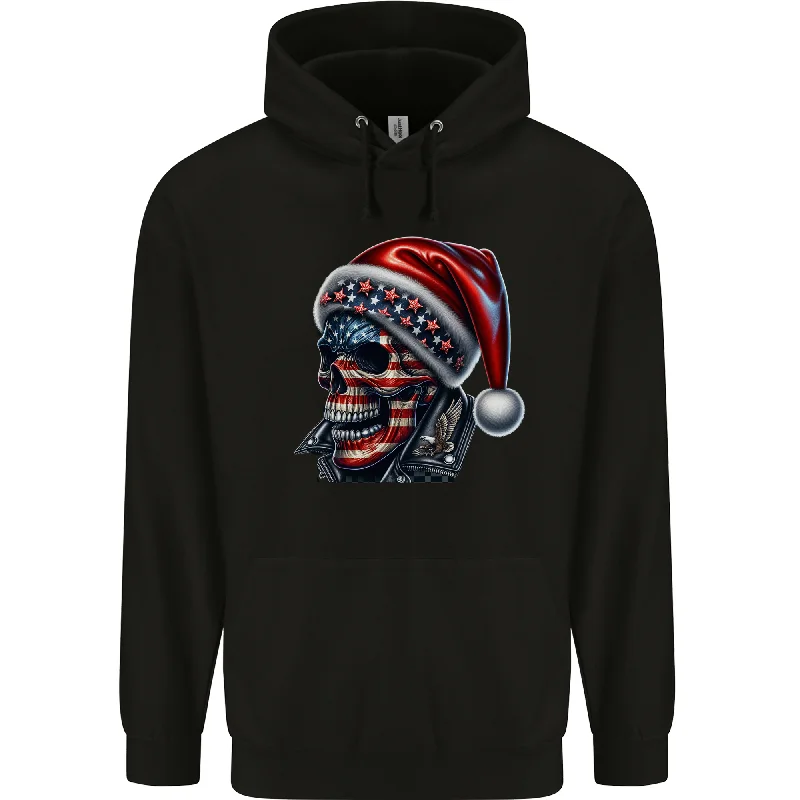 American Christmas Skull Xmas USA Flag Biker Mens 80% Cotton Hoodie