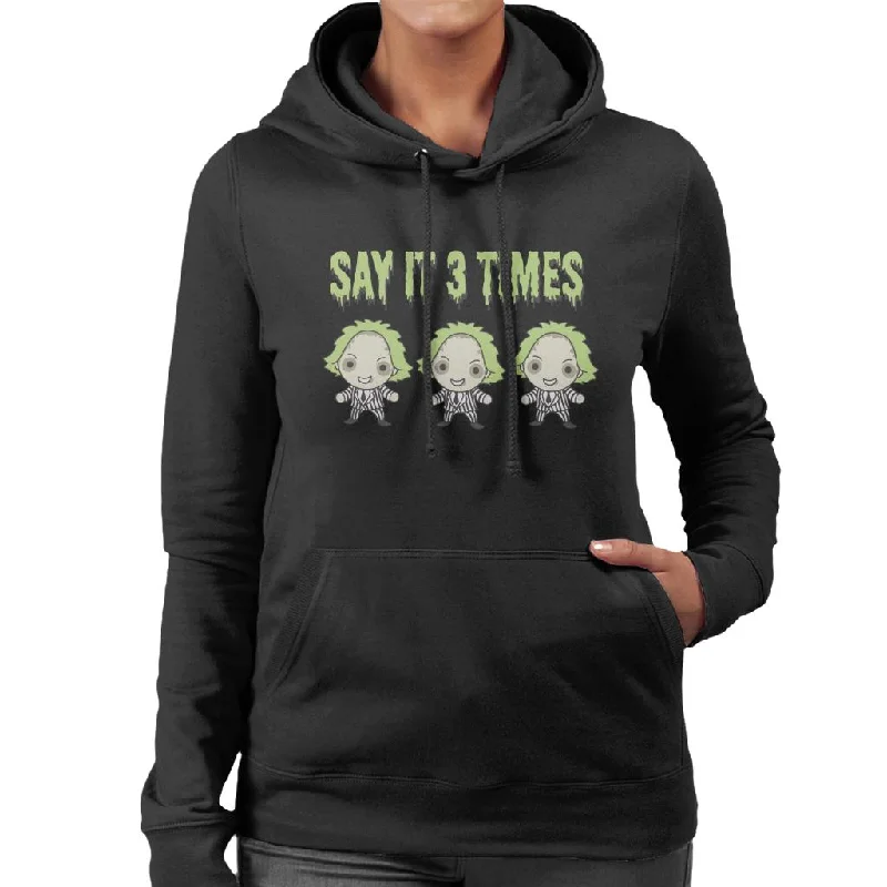 Beetlejuice Halloween Say It Three Times Women's Hooded Sweatshirt Hoodie with Hem Detail Decorative Unique Beetlejuice Halloween Say It Three Times Women's Hooded Sweatshirt Hoodie with Hem Detail Decorative Unique