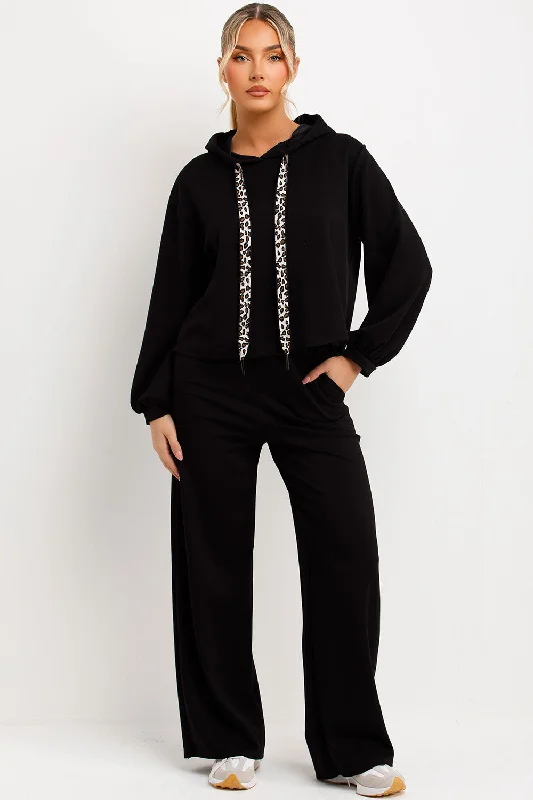 Black Hoodie And Jogger Trouser Lounge Set With Leopard Print Straps