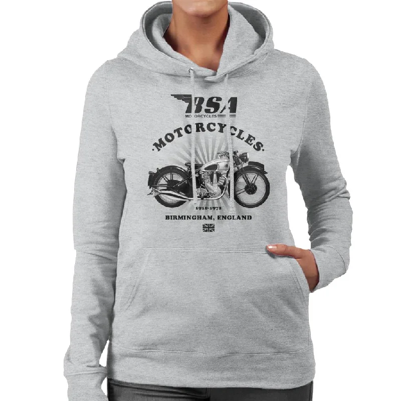 BSA Motorcycles 1910 Birmingham England Women's Hooded Sweatshirt Hoodie with Applique Textured Unique BSA Motorcycles 1910 Birmingham England Women's Hooded Sweatshirt Hoodie with Applique Textured Unique