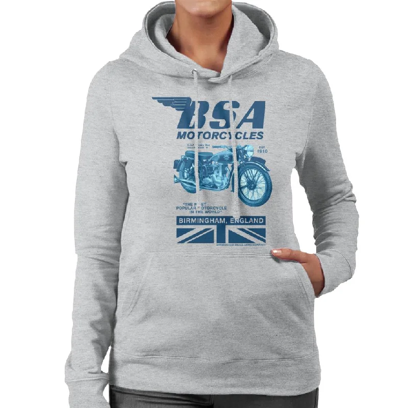 BSA Motorcycles Birmingham England Women's Hooded Sweatshirt Hoodie with Mesh Breathable Sporty BSA Motorcycles Birmingham England Women's Hooded Sweatshirt Hoodie with Mesh Breathable Sporty