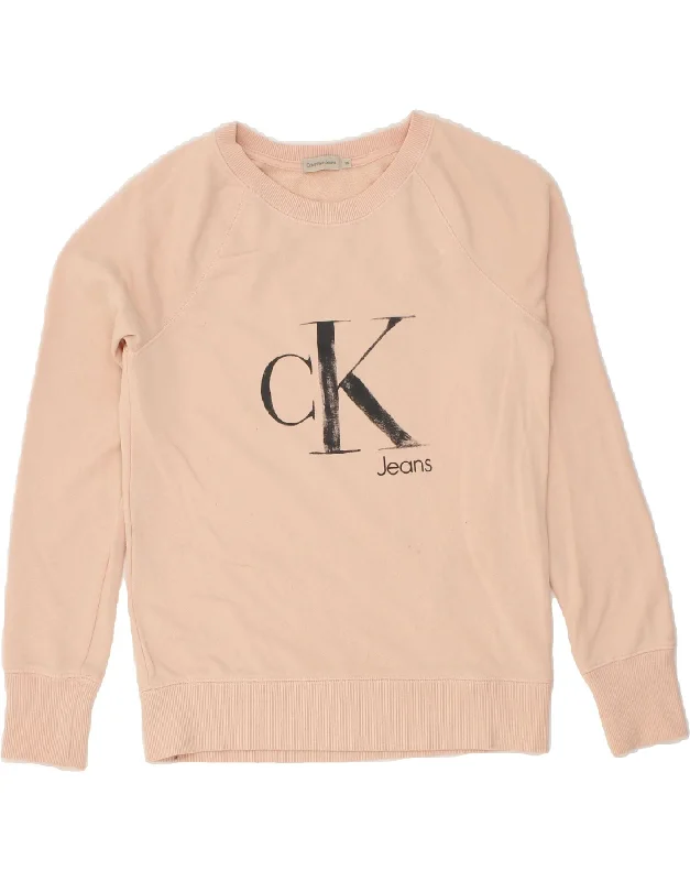 CALVIN KLEIN JEANS Womens Graphic Sweatshirt Jumper UK 6 XS Beige Cotton