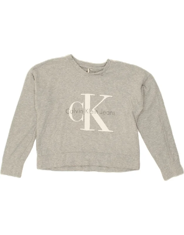 CALVIN KLEIN Womens Crop Graphic Sweatshirt Jumper UK 14 Medium Grey